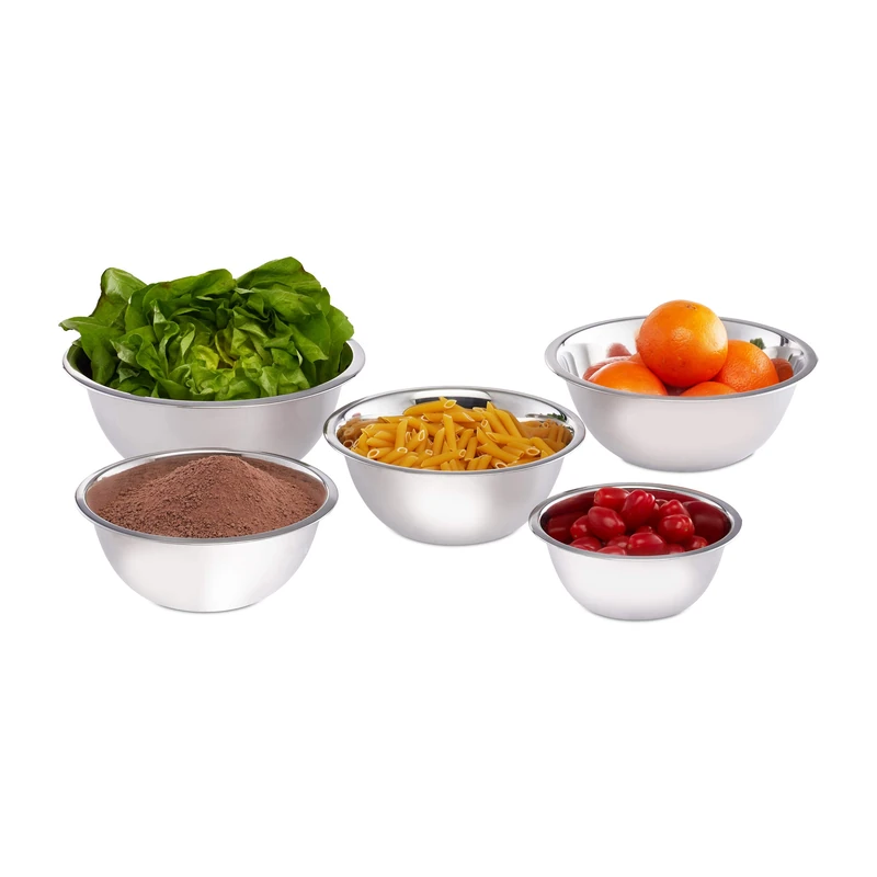 Relaxdays 10024739 Mixing Set of 5, Various Sizes, Serving Bowls, Stackable, Stainless Steel Dishes, Silver