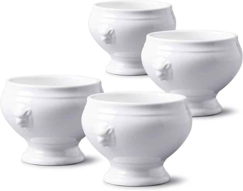 WM Bartleet & Sons 1750 TSET121 Traditional Porcelain Set of 4 Lions Head Design Individual French Onion Soup and Stew Bowl 350ml – White