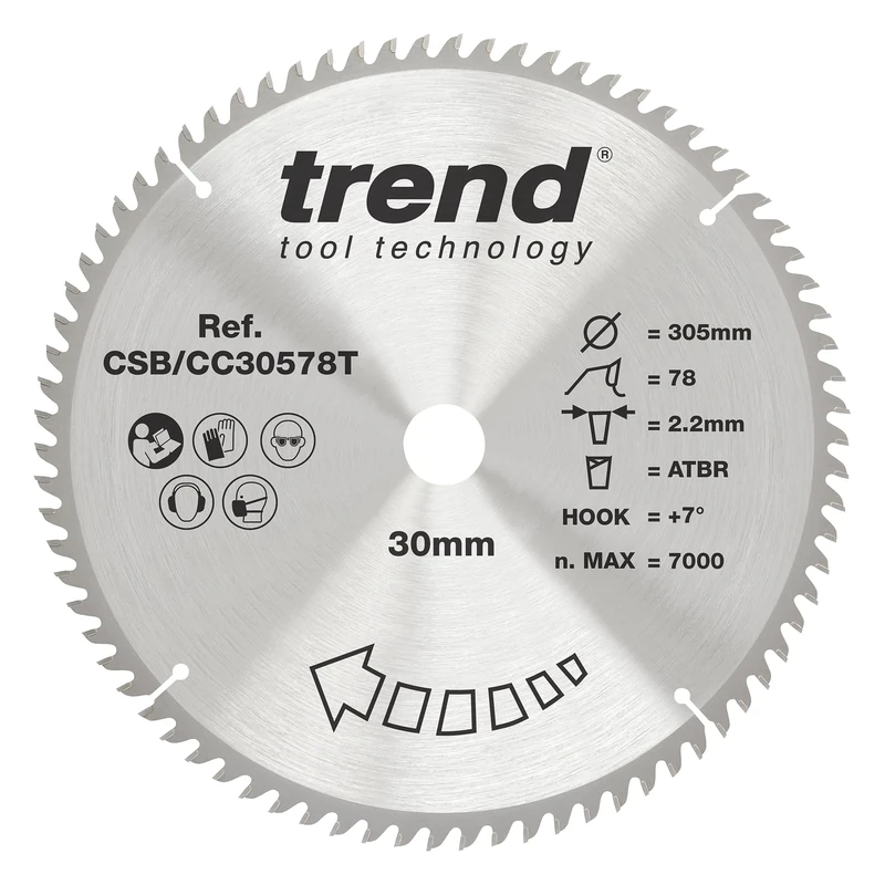 Trend Wood Cordless ATBR Mitre Saw Blade, 305mm Diameter, 30mm Bore, 78 Teeth, 2.2mm Kerf, +7° Hook, TCT, Fine Finish, CSB/CC30578T