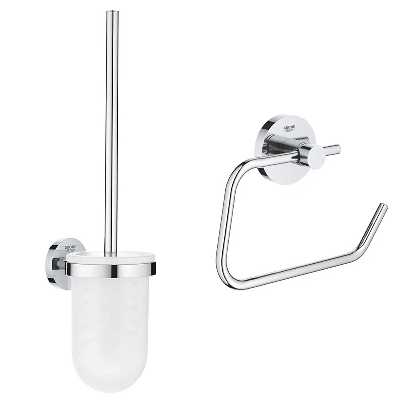 GROHE 40374001 Essentials Toilet Brush Holder Silver + GROHE 40689001 Essentials Paper Roll, Silver