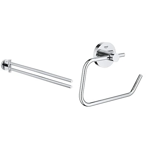 GROHE 40371001 Essentials Double Towel Bar, 449 mm, StarLight Chrome Finish + GROHE 40689001 Essentials Paper Roll, Silver