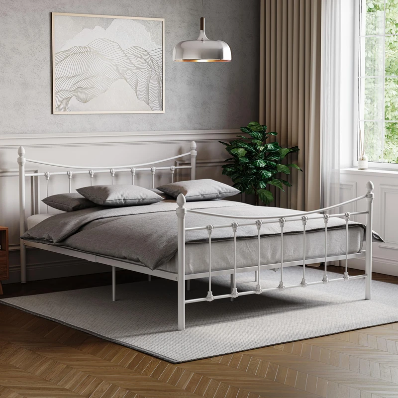 Vida Designs Paris Double Bed, 4ft6 Bed Frame Metal Headboard High Foot End Bedroom Furniture, White