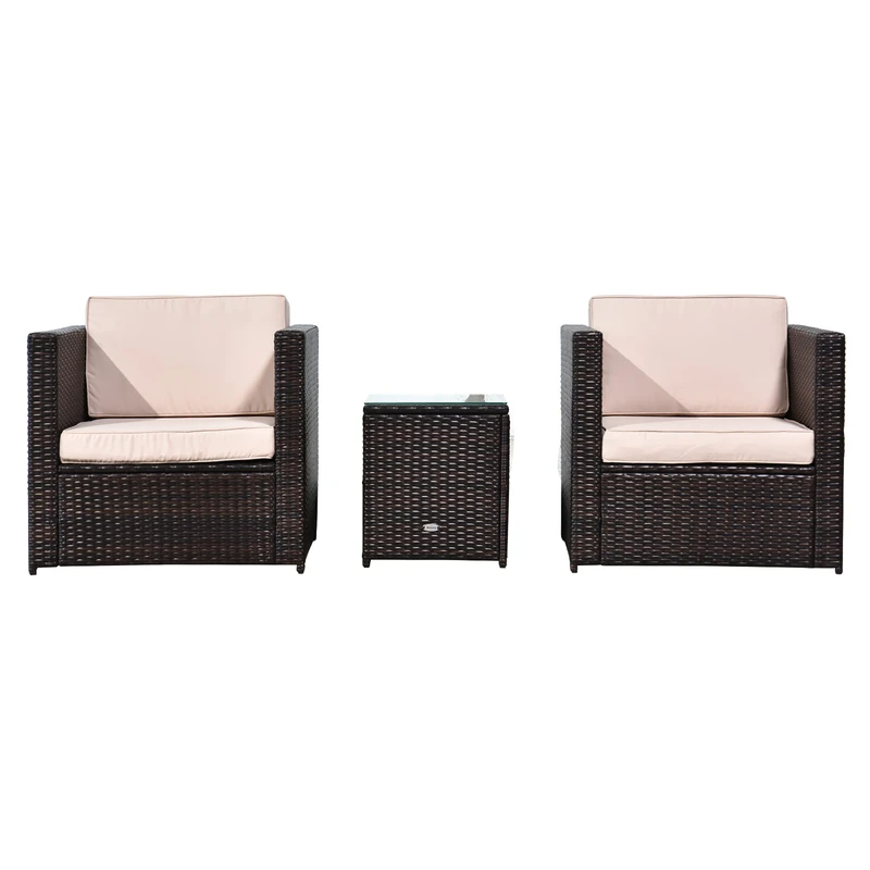 Outsunny 3 Pieces Rattan Bistro Set, Wicker Garden Furniture Set with Glass Top Coffee Table and Chairs, Thickened Washable Cushions for Outdoor, Patio, Balcony, Brown