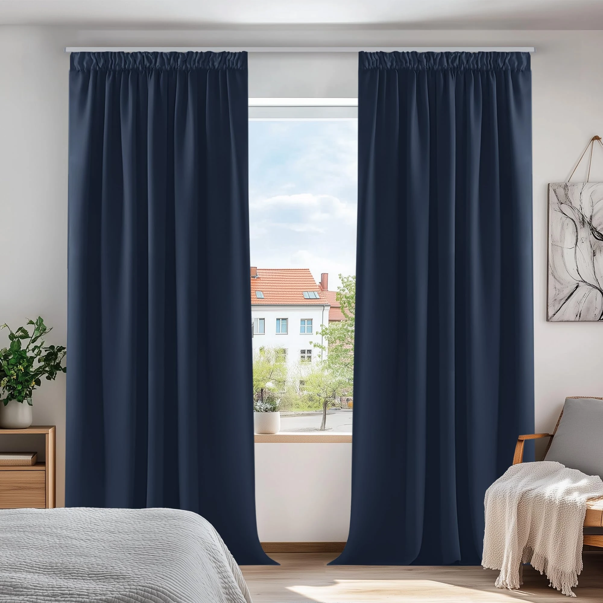 Deconovo Window Treatment Blackout Curtains Rod Pocket Thermal Insulated Decorative Soft Energy Saving Room Darkening Pencil Pleat Curtains for Kid 52 x 63 Inch Navy Blue Set of 2