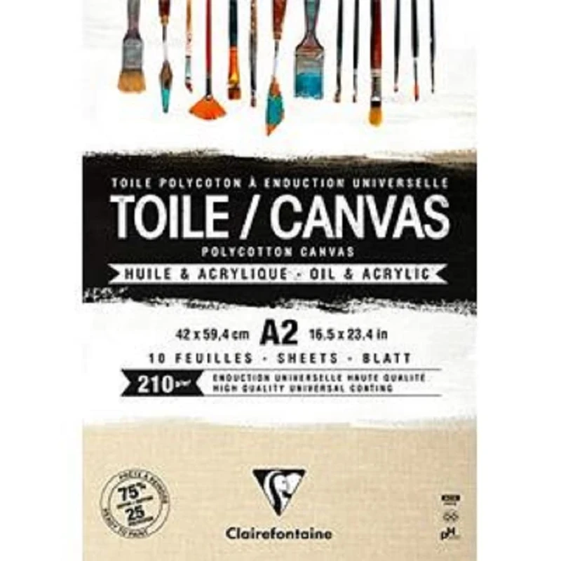 Clairefontaine - Ref 975212C - Ready to Paint Grained Canvas Pad (10 Sheets) - A2 Sized, 210gsm Paper, Acid Free, pH Neutral - Sandy - Suitable for Oil & Acrylic Paint