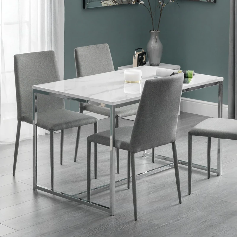 Julian Bowen Scala Dining Table - White Marble and Chrome - Elegant and Modern Dining Room Centerpiece