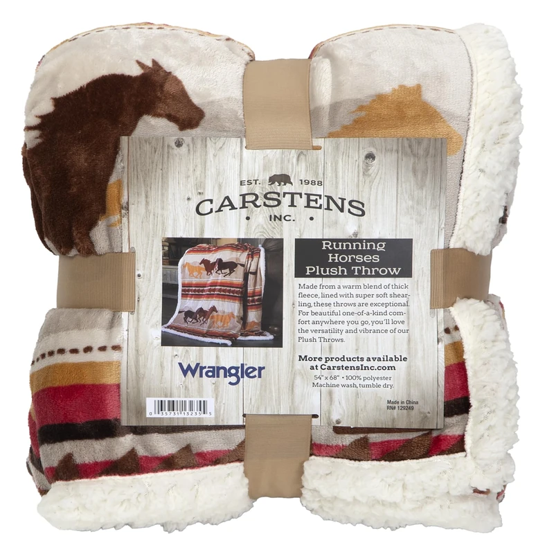 CARSTENS, INC. Wrangler Running Horse Country Sherpa Fleece Throw Blanket, Brown, One Size