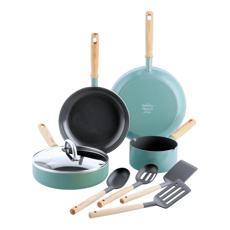 GreenPan Mayflower Healthy Ceramic Non-Stick 9-Piece Cookware Pots and Pans Set, Vintage Wood Handle, PFAS-Free, Induction, Smoky Blue, Blue