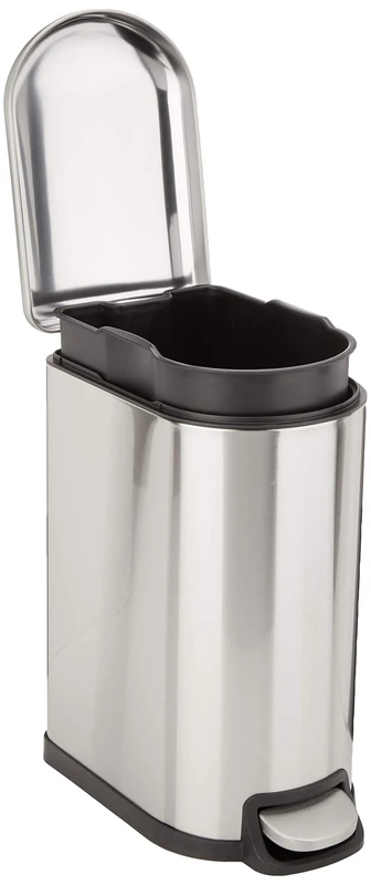 Amazon Basics Smudge Resistant Small D-Shaped Trash Can With Soft-Close Foot Pedal for Bathroom,Bedroom or Living room, Slim shape for narrow space, 10 l /2.6 gallons, Brushed Stainless Steel