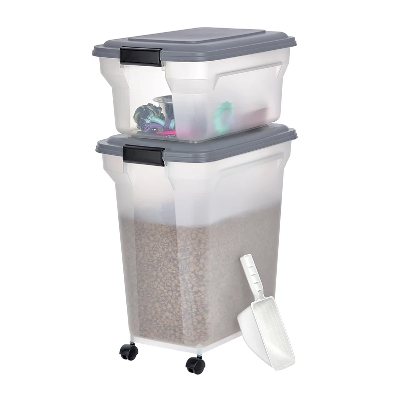 Iris Ohyama, Pet food Storage Container, Dog Storage, 4 Wheels & Scoop, 45L+20L/22.5kg, BPA Free, Airtight, Grey, W46 x D34 x H50.5cm, ATS-C