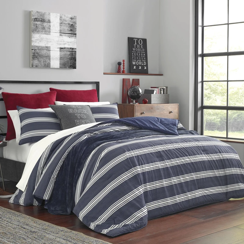Nautica | 100% Cotton Cozy & Soft, Durable & Breathable Striped Comforter & Matching Sham(s), Navy/White, Queen