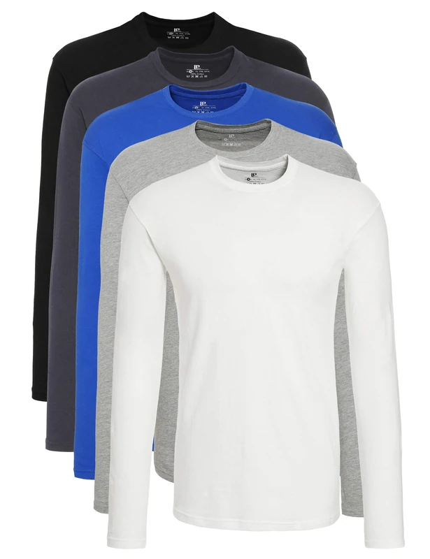 Lower East Basic Men's Long-Sleeved T-Shirt, Pack of 5, White/Black/Blue/Grey/Folkstone Grey, S