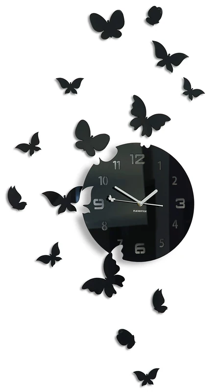 FLEXISTYLE modern wall clock Butterflies black acrylic glass high gloss surface silent non ticking for kitchen office living room bedroom