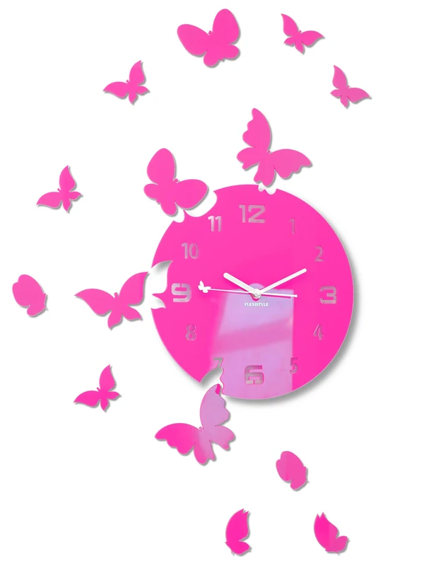 FLEXISTYLE z4g-8 Large Modern Wall Clock Butterfly Round 30 cm 15 Butterflies Living Room Bedroom Children's Room Product Made in the EU (Pink)