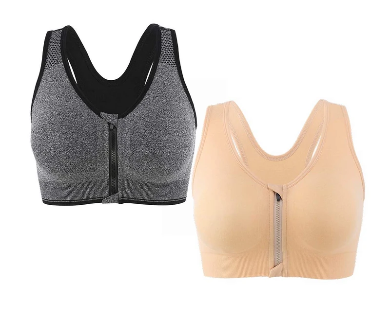 CLOUSPO Sports Bra Post Surgery Bra Zip Front Wireless with Removable Pads Yoga Bra for Workout Fitness(L,Grey+Beige)
