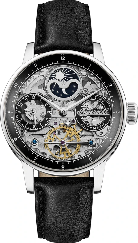Ingersoll The Jazz Mens 42mmm Automatic Moonphase Watch with Black Skeleton Dial and Black Genuine Leather Strap I07701