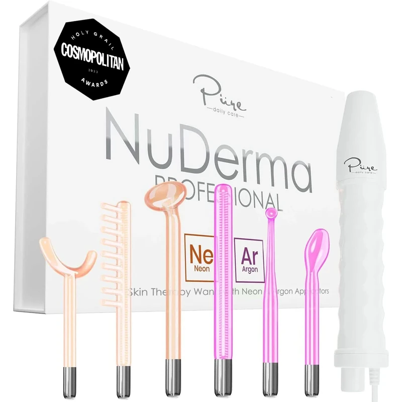 NuDerma Professional Skin Therapy Wand - Portable Handheld High Frequency Skin Therapy Machine with 6 Neon & Argon Wands - Acne Treatment - Skin Tightening - Wrinkle Reducing – Facial Skin Lifter