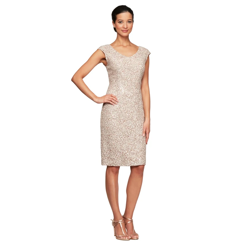 Alex Evenings Women's Short Shift Knee Length V Neck Dress (Petite & Regular) Special Occasion, Champagne Ivory, 10