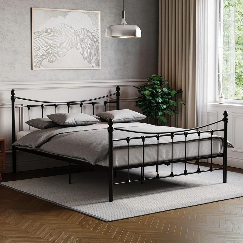 Vida Designs Paris Double Bed, 4ft6 Bed Frame Metal Headboard High Foot End Bedroom Furniture, Black