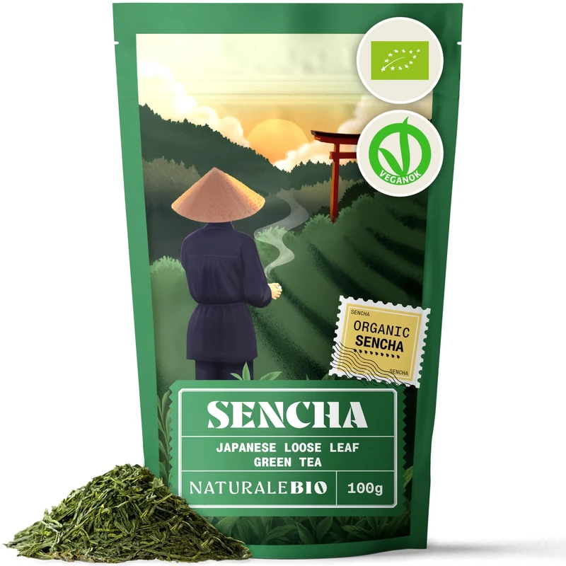 NaturaleBio Organic Japanese Sencha Green Tea - Upper Grade - 100g Loose Leaf. 100% Bio, Natural and Pure. First harvest Leaves cultivated in Japan