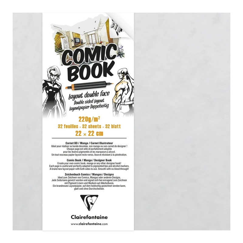 Clairefontaine - Ref 975198C - Double Sided Manga & Cartoon Layout Paper Book (32 Sheets) - 22 x 22cm in Size, 220gsm Heavyweight Smooth Paper - Suitable for Use with Alcohol Markers - Image 1