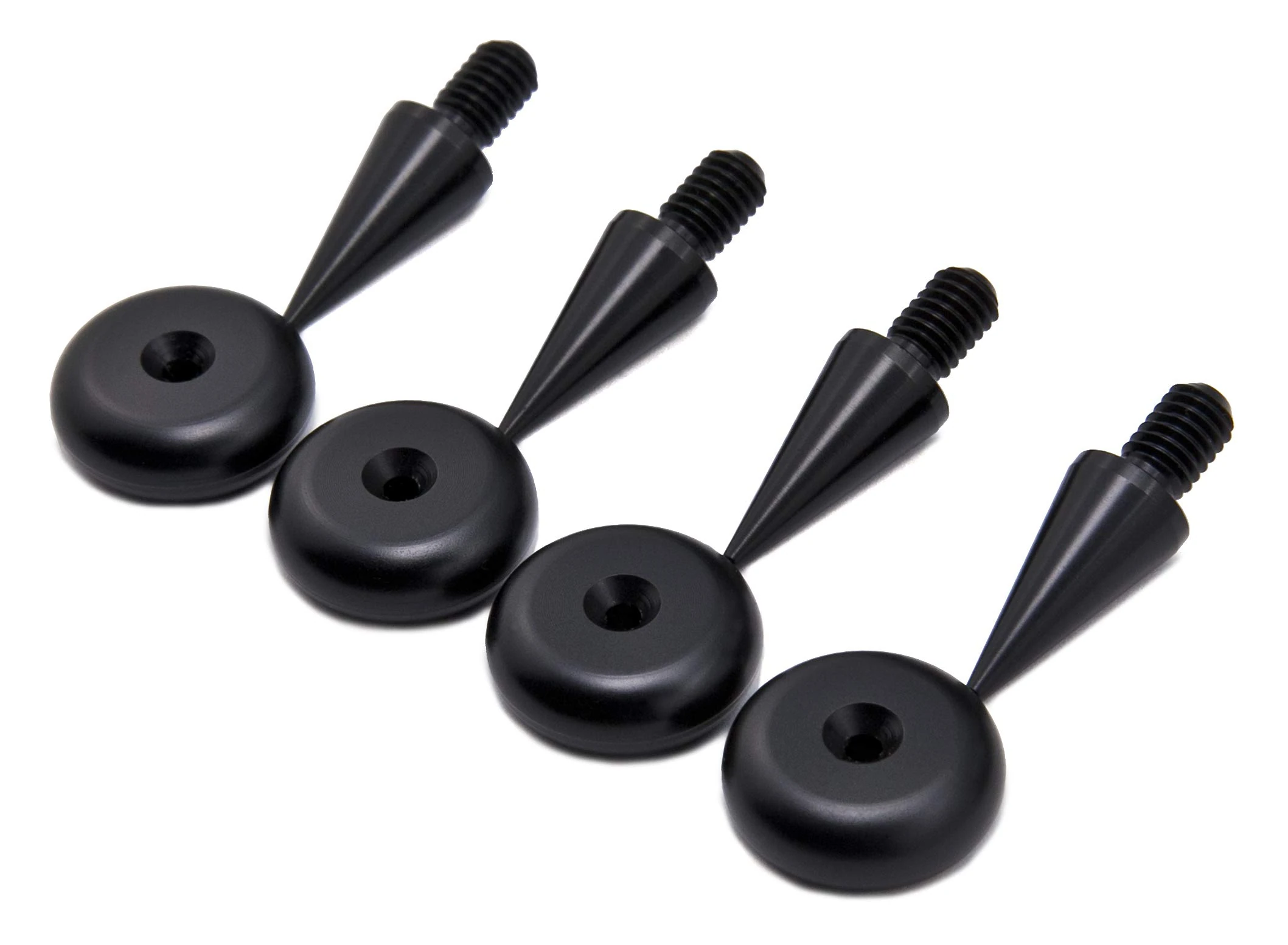 M6 Speaker Spikes and Round Pads, Black Aluminium for HiFi Speakers, Stands, Cabinets, Soundbars – Anti-Vibration Isolation, Set of 4