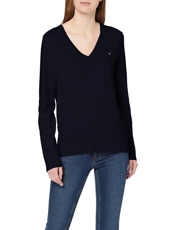 Tommy Hilfiger Women's Heritage V-neck Sweater Jumper, Blue (Midnight), XS