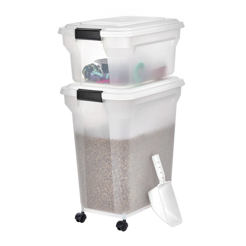 Iris Ohyama, Pet food Storage Container, Dog Storage, 4 Wheels & Scoop, 45L+20L/22.5kg, BPA Free, Airtight, White, W46 x D34 x H50.5cm, ATS-C