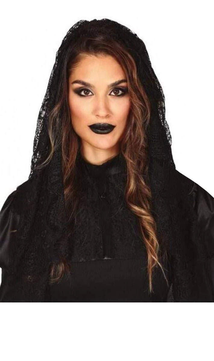 FIESTAS GUIRCA | Black Mantilla for Adult Women - (One Size) - Lace Headband for Halloween, Carnival and Fancy Dress Parties - Costume Accessory for World Culture Celebrations - Black