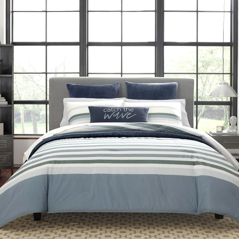 Nautica | Duvet Set-100, Cozy & Soft, Durable & Breathable Striped Bedding with Matching Sham(s), Plain Weave Cotton, Grey, Twin