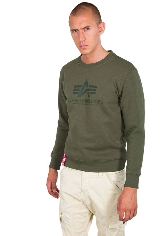 Alpha Industries Men's Basic Sweater Sweatshirt, Opaque, Dark Olive/Olive, M