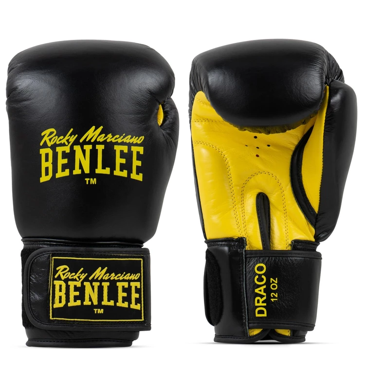 Ben Lee Rocky Marciano Unisex - Adult DRACO Leather Boxing Glove, Black/Yellow, 12 oz