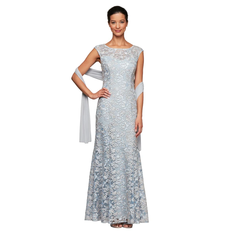 Alex Evenings Women's Long Sleeveless Mother of The Bride Dress with Shawl (Petite and Regular Sizes) Special Occasion, Light Blue Lace, 14