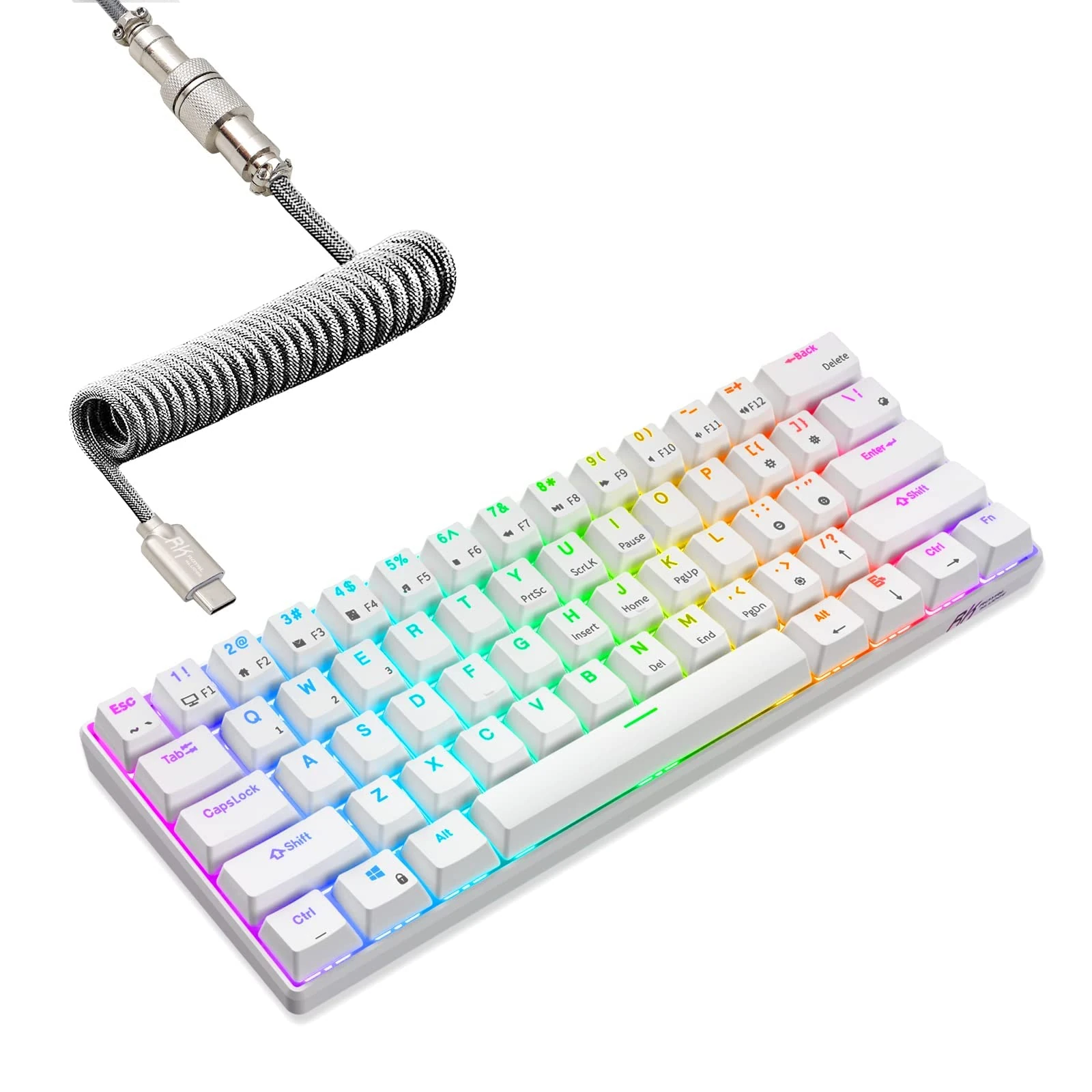 RK ROYAL KLUDGE RK61 60% Mechanical Keyboard with Coiled Cable, 2.4Ghz/Bluetooth/Wired, Wireless Bluetooth Mini Keyboard 61 Keys, RGB Hot Swappable Red Switch Gaming Keyboard with Software - White