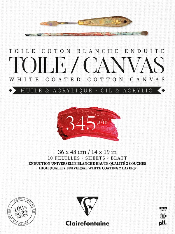 Clairefontaine - Ref 975224C - Ready to Paint Canvas Pad (10 Sheets) - 36 x 48cm Sized, 345gsm Paper, Acid Free, pH Neutral - White - Suitable for Oil & Acrylic Paint