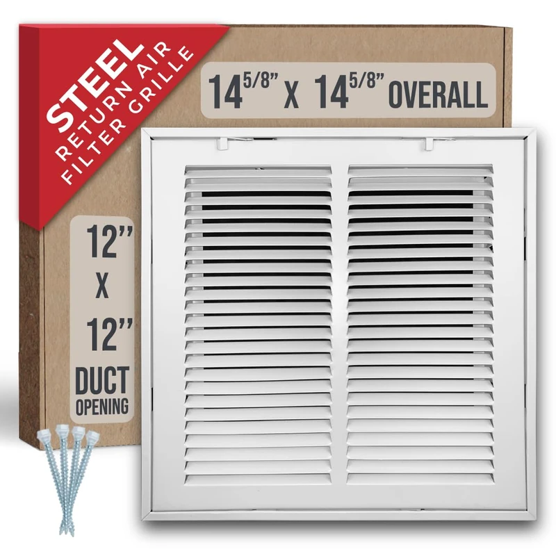 12" X 12" Steel Return Air Filter Grille [Removable Face/Door] for 1-inch Filters HVAC Duct Cover Grill, White | Outer Dimensions: 14 5/8"W X 14 5/8"H for 12x12 Duct Opening