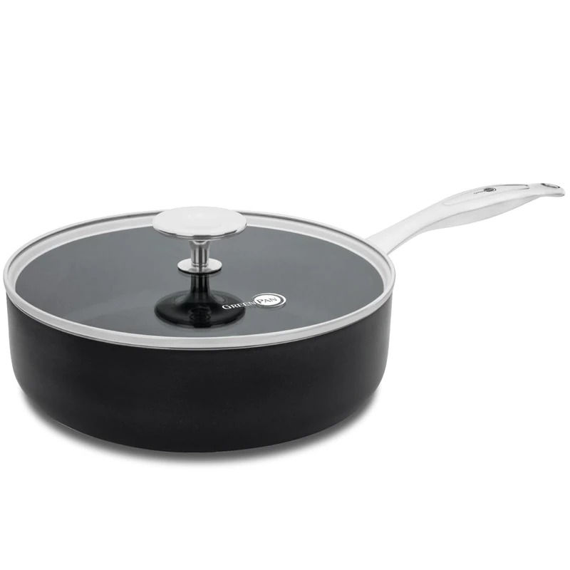 GreenPan Brussels Saute Pan with Lid, Non Stick, Toxin Free Ceramic Pot - Induction & Oven Safe Cookware - 24 cm/3.1 Litre, Black