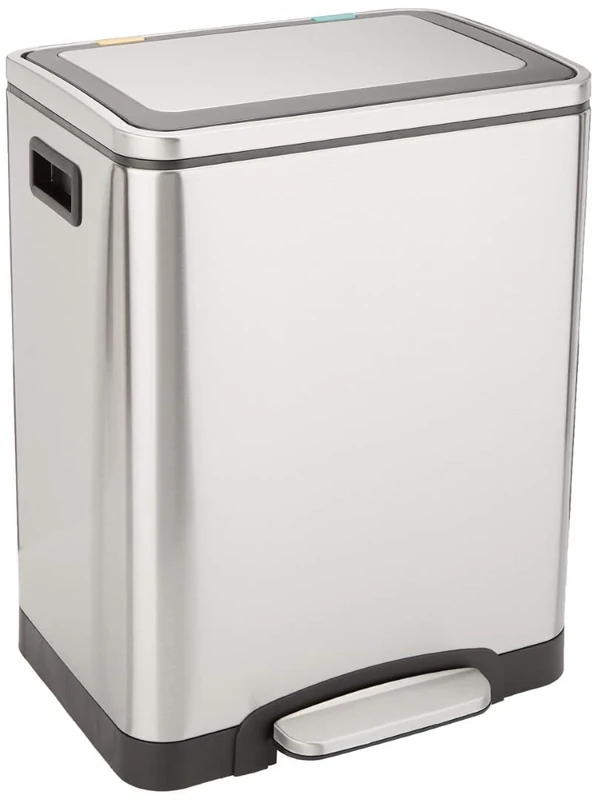 Amazon Basics 30L Dual Bin Soft-Close Rectangular Trash can with Foot Pedal - 2 x 15 litre Bins, Stainless Steel, for 1 or 2 people use