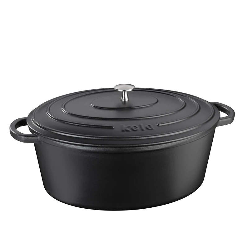 kela Roaster cast Iron Oval 9.3 litres, Dutch Oven CALIDO, Induction cast Iron Roaster with lid, cast Iron Pot for Baking Bread, Enamelled, Black
