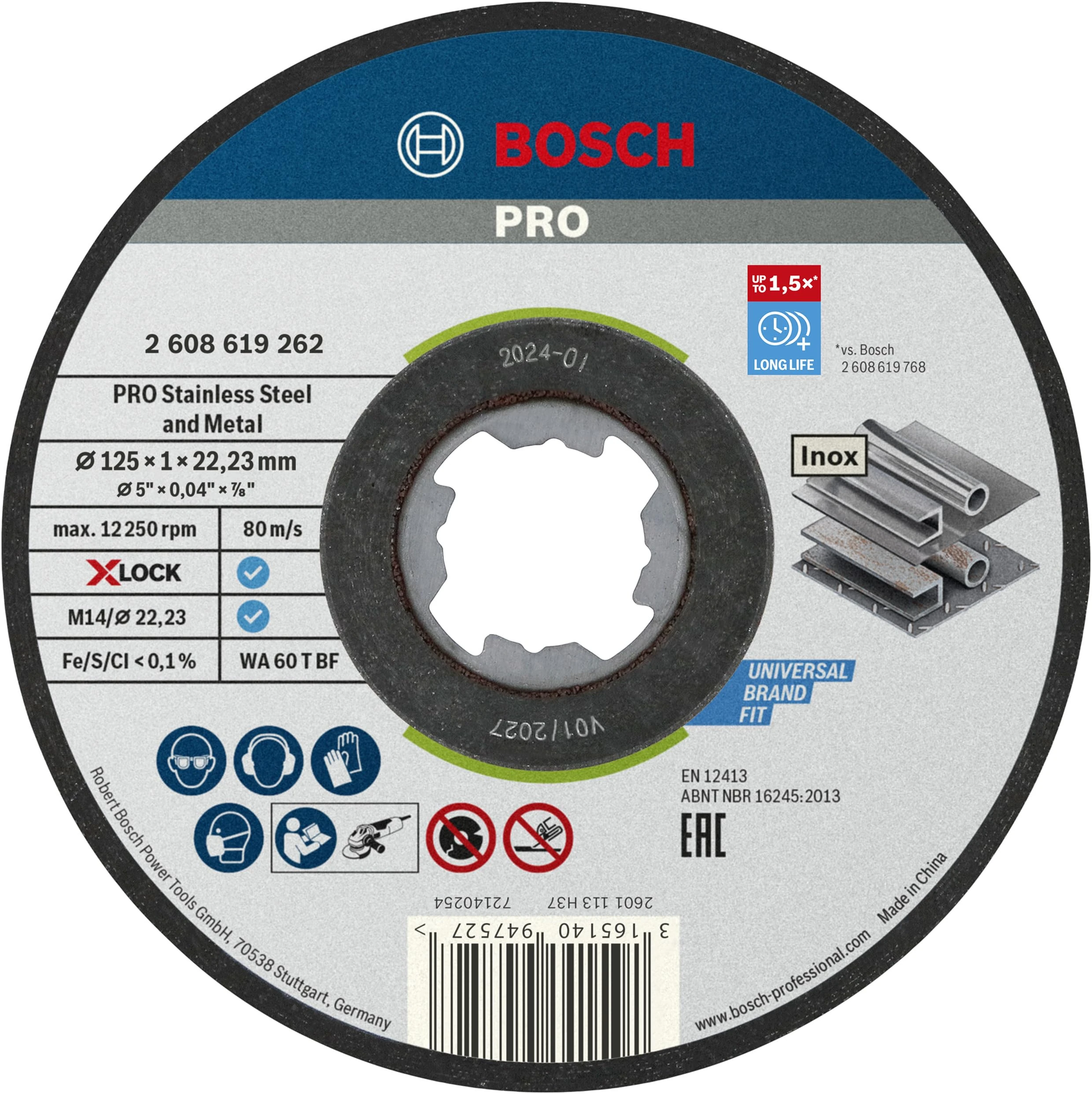 Bosch Professional 10x Straight Cutting Disc Standard (for Inox, Stainless Steel, X-LOCK, Ø 125 mm, Bore Ø 22.23 mm, Thickness 1 mm, Accessories for Angle Grinders) (Packaging May Vary)