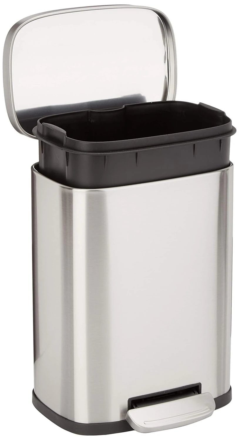 Amazon Basics Smudge Resistant Mini Rectangular Trash Can With Soft-Close Foot Pedal, Brushed Stainless Steel, for Bathroom & small space, 5 L /1.32 Gal, Satin Nickel Finish, 7.3x8.5 x11.8 in (LxWxH)