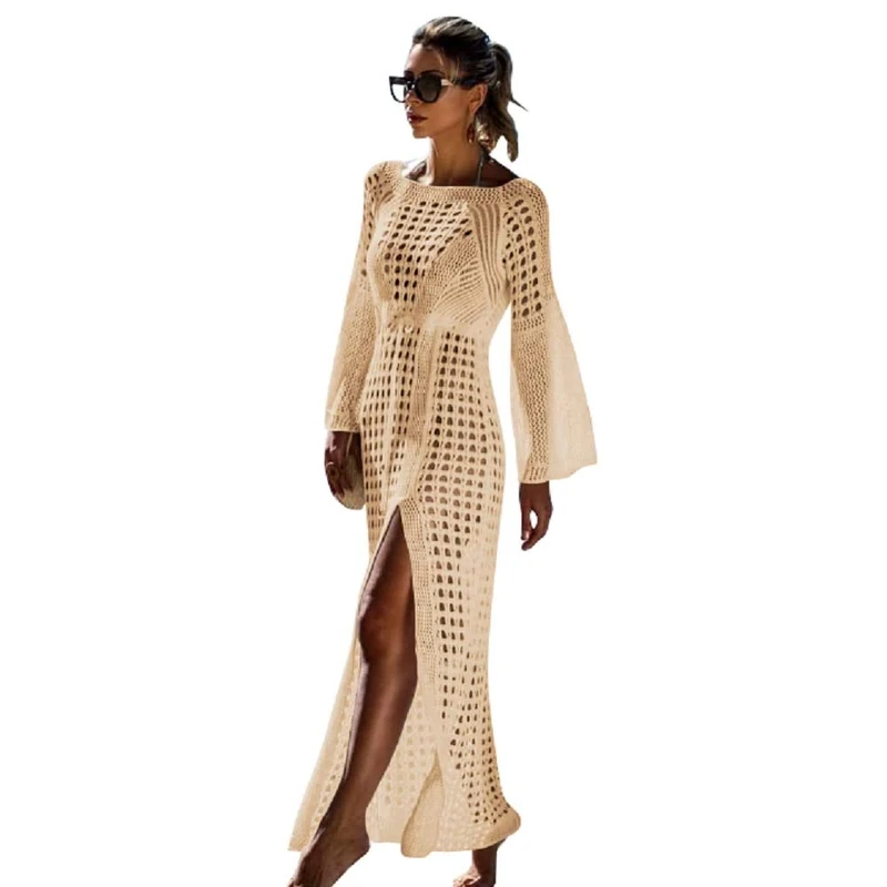NFASHIONSO Womens Crochet Beach Wear Cover up Swimwear Bikini Long Maxi Beach Dress, Long Sleeve Apricot, 8