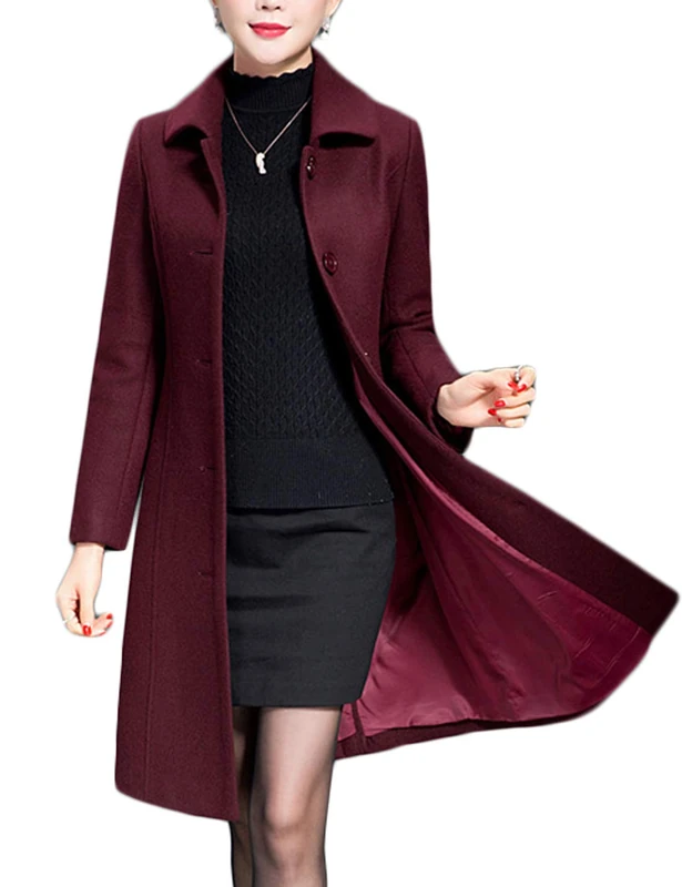 Jenkoon Women's Wool Trench Coat Winter Long Thick Overcoat Walker Coats, Wine, XL