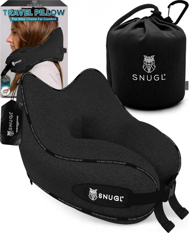 SNUGL Travel Pillow - Neck Pillow Memory Foam, Travel Neck Pillows for Adults, Ideal for Camping, Airplane & Gaming - Travelling Essentials - Gifts for Travellers (Black - Adult Regular)