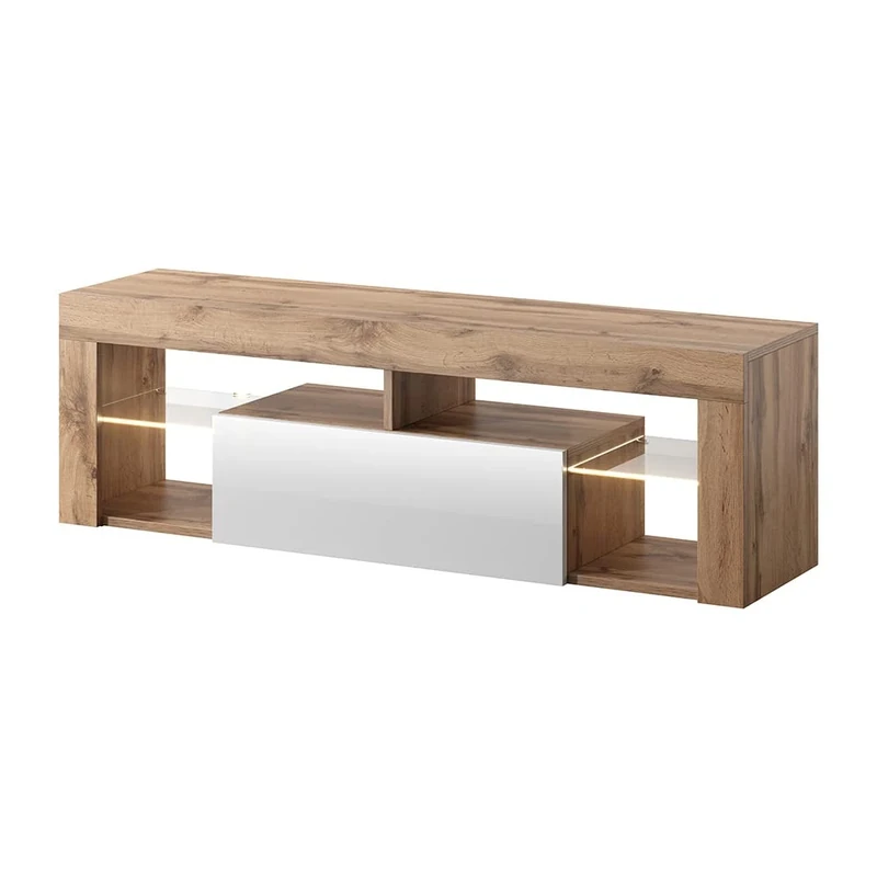 Selsey HUGO – Modern TV Unit/TV Cabinet (140cm, Lancaster Oak/Gloss White Front Panel with LED Lighting)