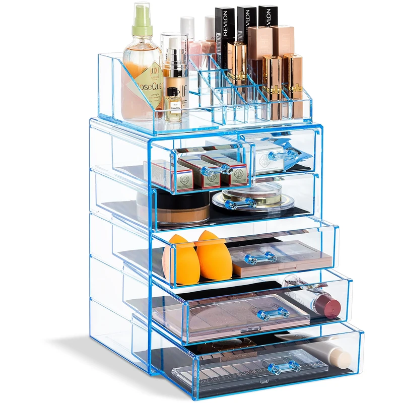 Sorbus Clear Cosmetic Makeup Organizer - Make Up & Jewelry Storage, Case & Display - Spacious Design - Great for Dresser, Bathroom, Vanity & Countertop (3 Large, 4 Small Drawers) [Blue Brilliance]