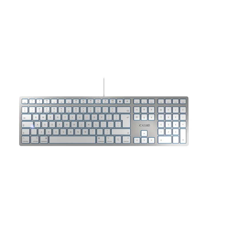 CHERRY KC 6000 SLIM FOR MAC, Wired Mac Keyboard (USB-A Connection), UK Layout (QWERTY), Whisper-Quiet Keys, Flat Design, Silver/White