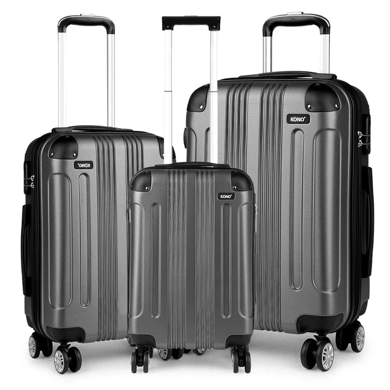 Kono Luggage Sets of 3 Piece Lightweight 4 Wheels Hard Sheel ABS Travel Trolley Suitcases (Grey)