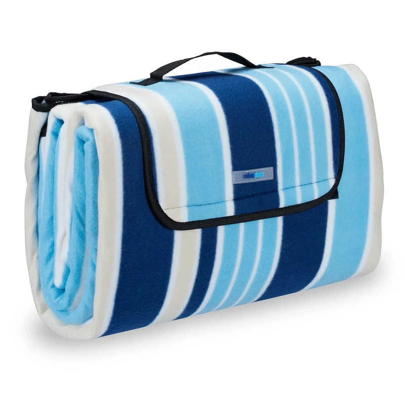 Relaxdays XXL Picnic Blanket, Aluminium Coating, Folding Beach Rug with Handle, 200x200 cm, Blue-White