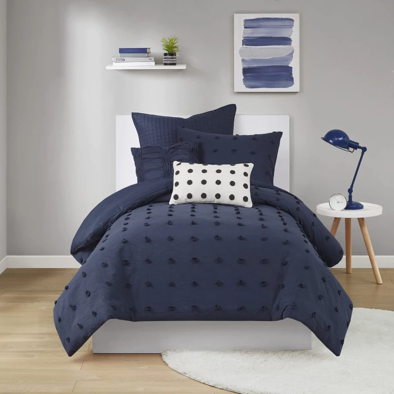URBAN HABITAT Duvet Set 100% Cotton Jacquard, Tufts Accent, Shabby Chic All Season Cover for Comforter, Matching Shams, Decorative Pillows, Twin/Twin XL (68 in x 92 in), Navy 5 Piece